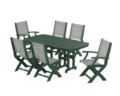 POLYWOOD® Coastal Folding Chair 7-Piece Dining Set in Green / Metallic Sling