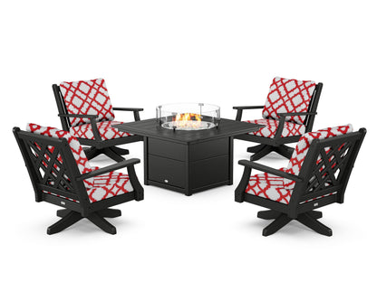 Country Living Wovendale 5-Piece Deep Seating Swivel Conversation Set with Fire Pit Table in Black / Trellis Crimson