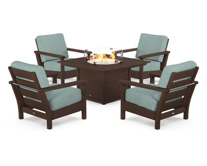 POLYWOOD® Harbour 5-Piece Conversation Set with Fire Pit Table in Mahogany / Glacier Spa