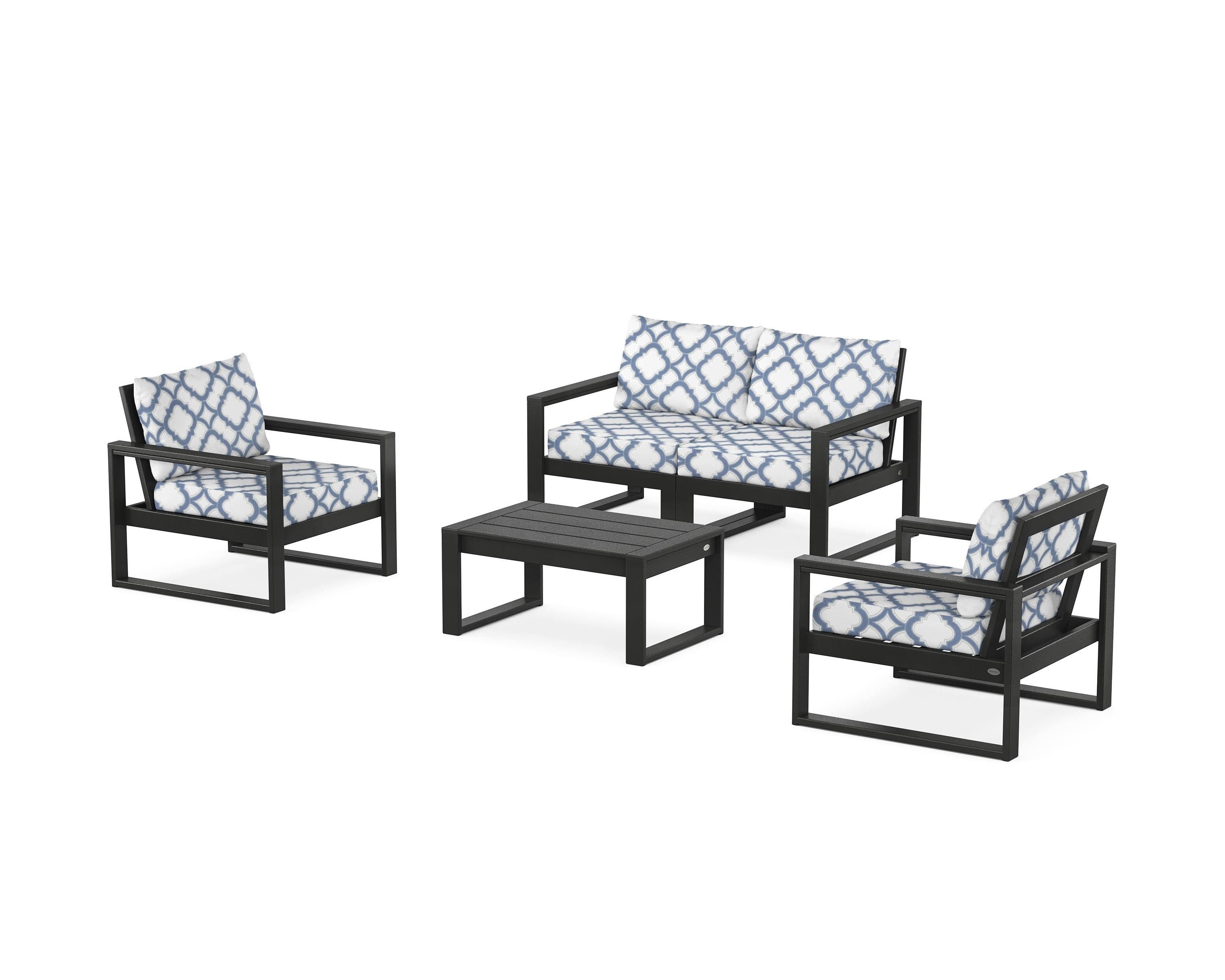 POLYWOOD® EDGE Sectional 4-Piece Deep Seating Set with Loveseat in Black / Trellis Sky Blue