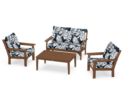 POLYWOOD® Vineyard 4-Piece Deep Seating Set in Teak / Leaf Marine Indigo