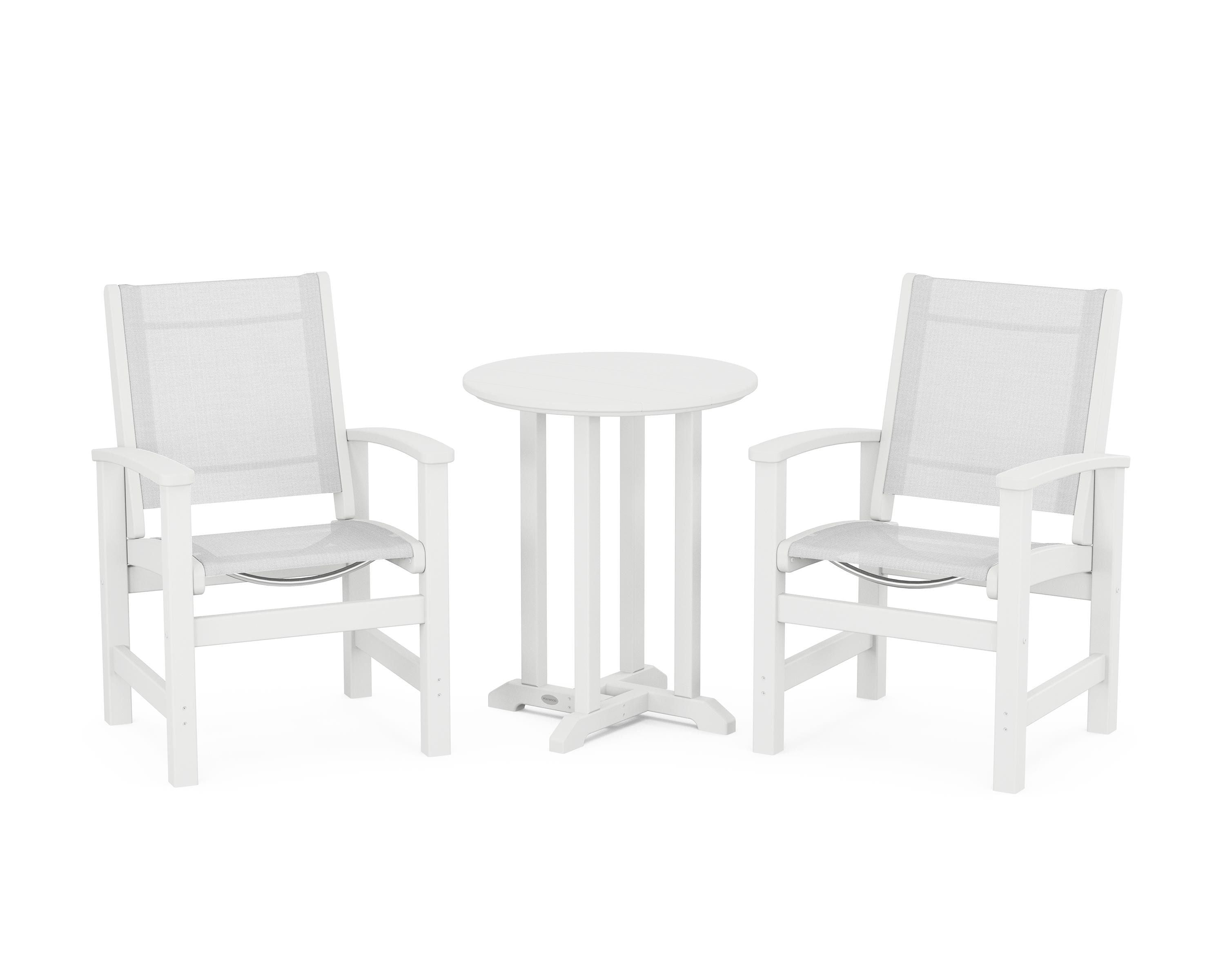 POLYWOOD® Coastal 3-Piece Round Bistro Dining Set in White / White Sling