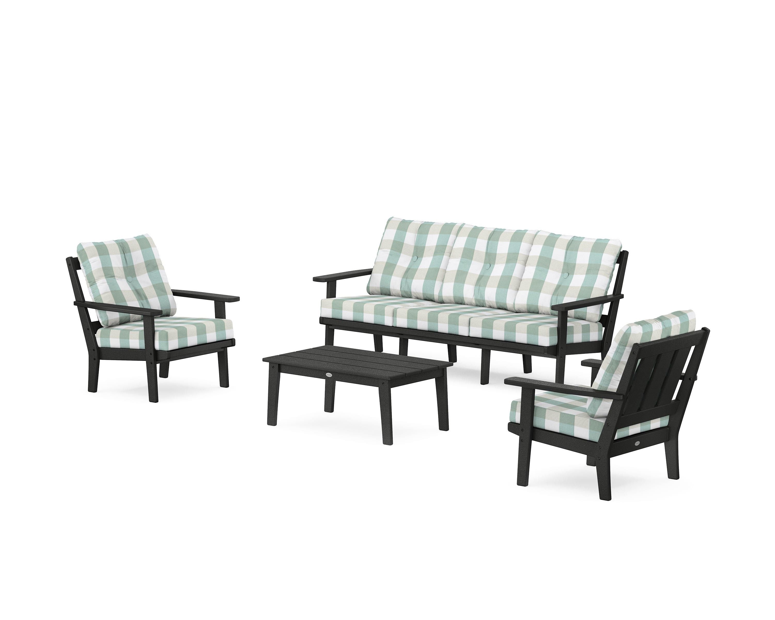 POLYWOOD® Oxford 4-Piece Deep Seating Set with Sofa in Black / Buffalo Plaid Glacier Spa