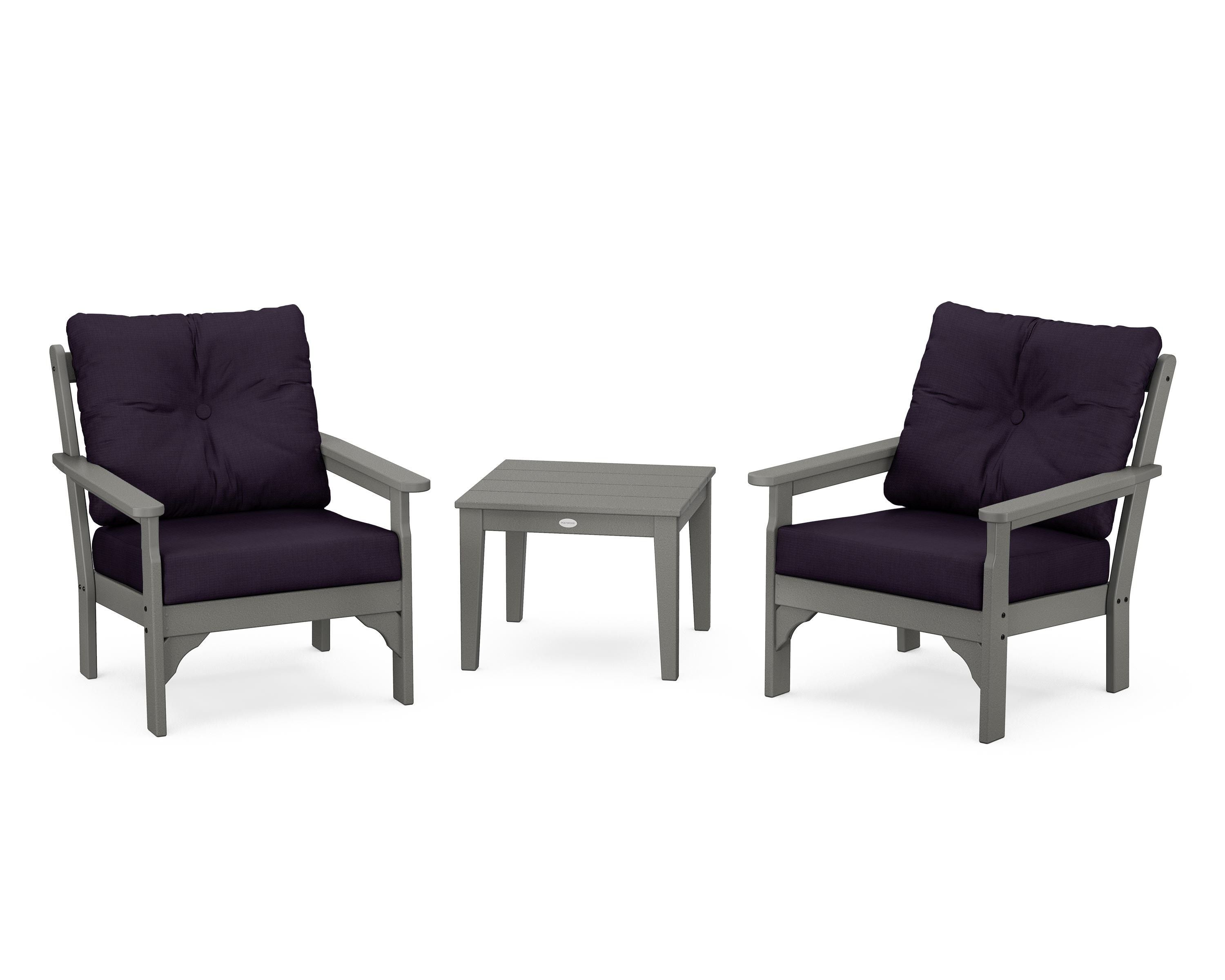 POLYWOOD® Vineyard 3-Piece Deep Seating Set in Slate Grey / Navy Linen