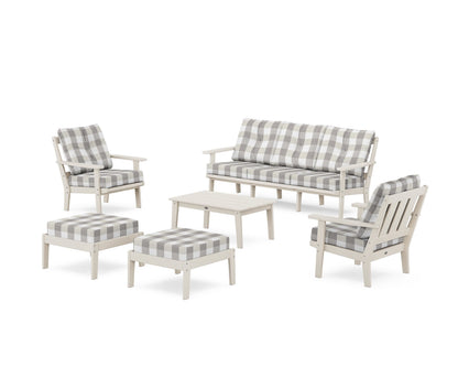 POLYWOOD® Oxford 6-Piece Lounge Sofa Set in Sand / Buffalo Plaid Grey Mist