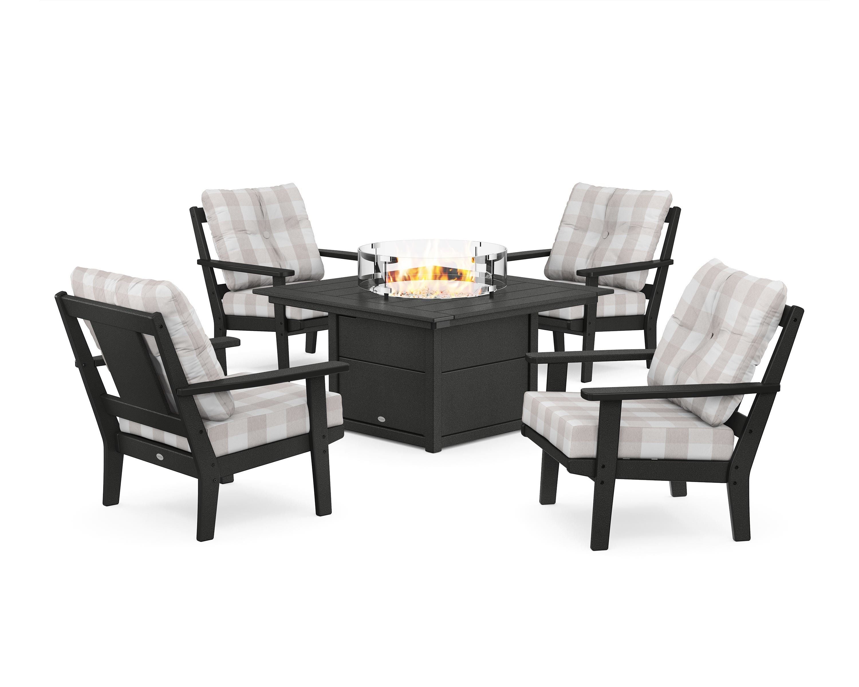 POLYWOOD® Prairie 5-Piece Deep Seating Set with Fire Pit Table in Black / Buffalo Plaid Dune Burlap