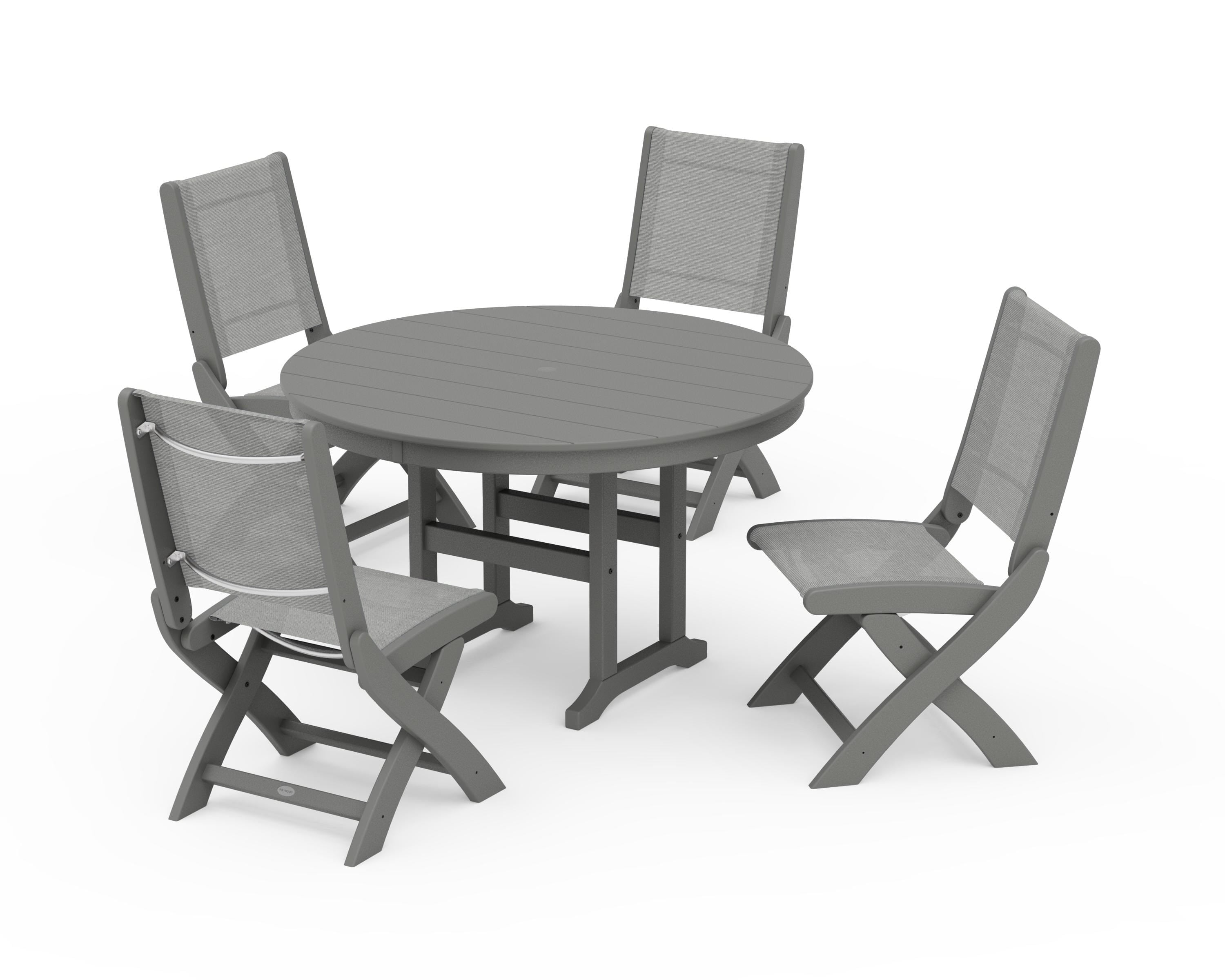 POLYWOOD® Coastal Folding Side Chair 5-Piece Round Dining Set in Slate Grey / Metallic Sling