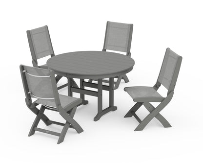 POLYWOOD® Coastal Folding Side Chair 5-Piece Round Dining Set in Slate Grey / Metallic Sling