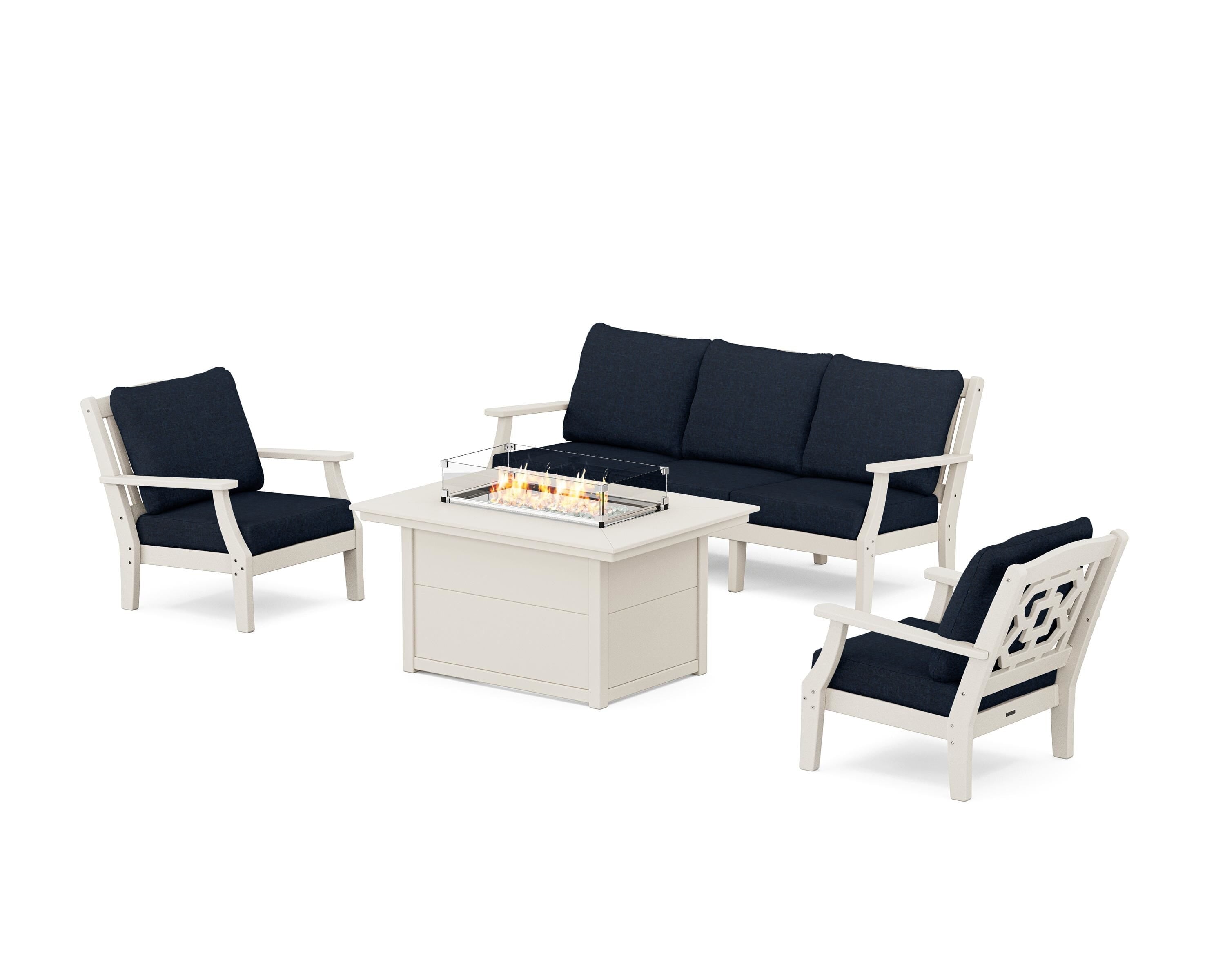 Martha Stewart by POLYWOOD® Chinoiserie Deep Seating Fire Pit Table Set in Sand / Marine Indigo