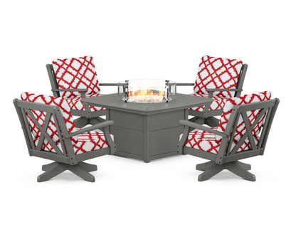POLYWOOD® Braxton 5-Piece Deep Seating Swivel Conversation Set with Fire Pit Table in Slate Grey / Trellis Crimson