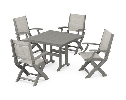 POLYWOOD® Coastal Folding Chair 5-Piece Farmhouse Dining Set in Slate Grey / Birch Sling