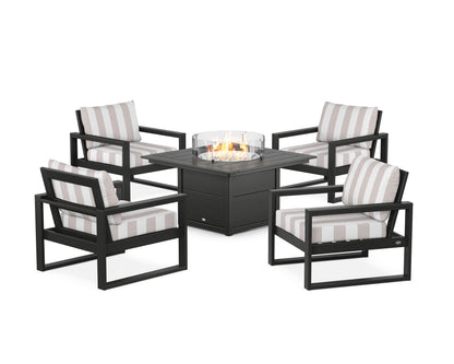 POLYWOOD® EDGE Sectional 5-Piece Deep Seating Set with Fire Pit Table in Black / Cabana Stripe Dune Burlap