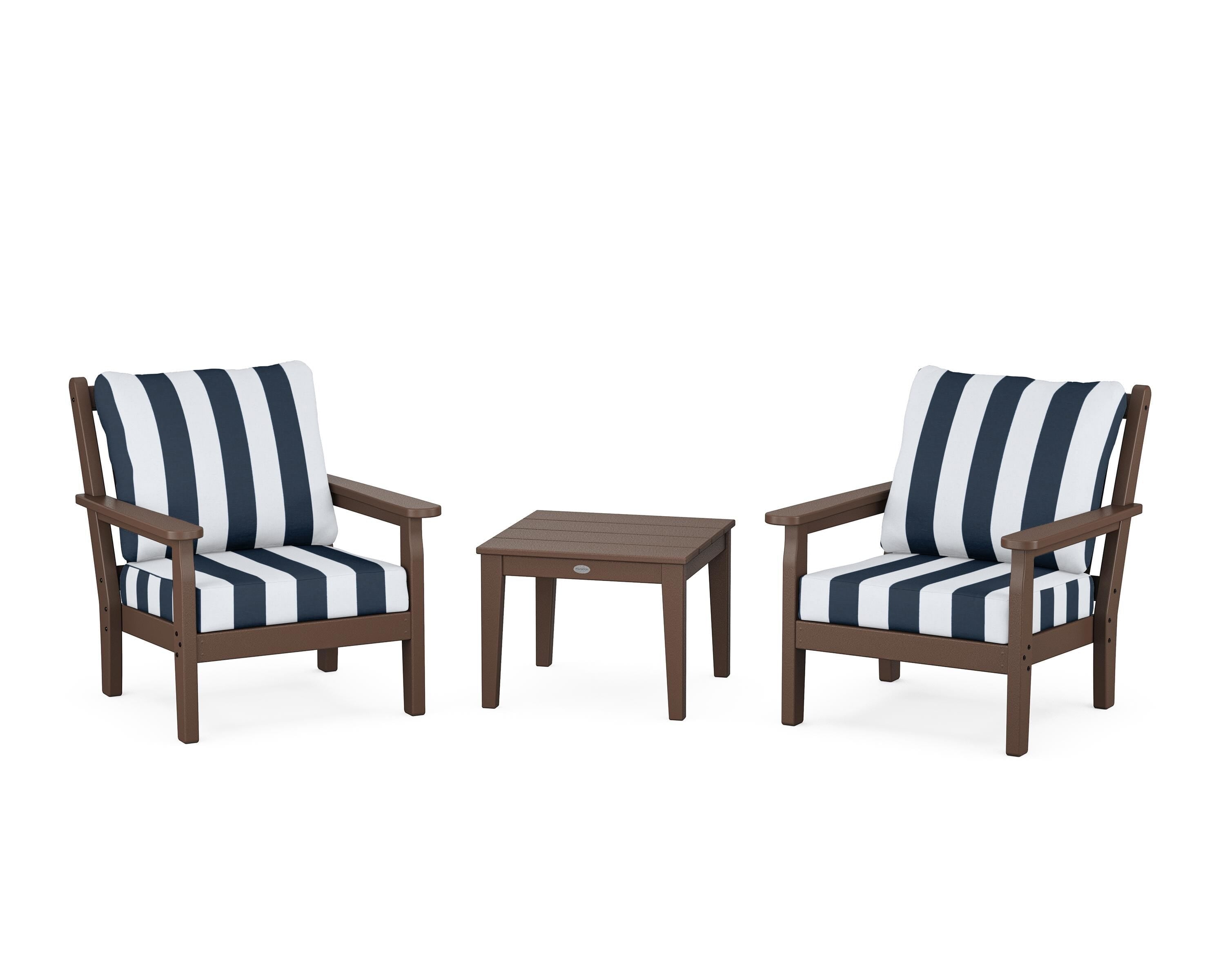 POLYWOOD® Chippendale 3-Piece Deep Seating Set in Mahogany / Cabana Stripe Marine Indigo