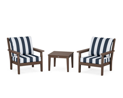 POLYWOOD® Chippendale 3-Piece Deep Seating Set in Mahogany / Cabana Stripe Marine Indigo