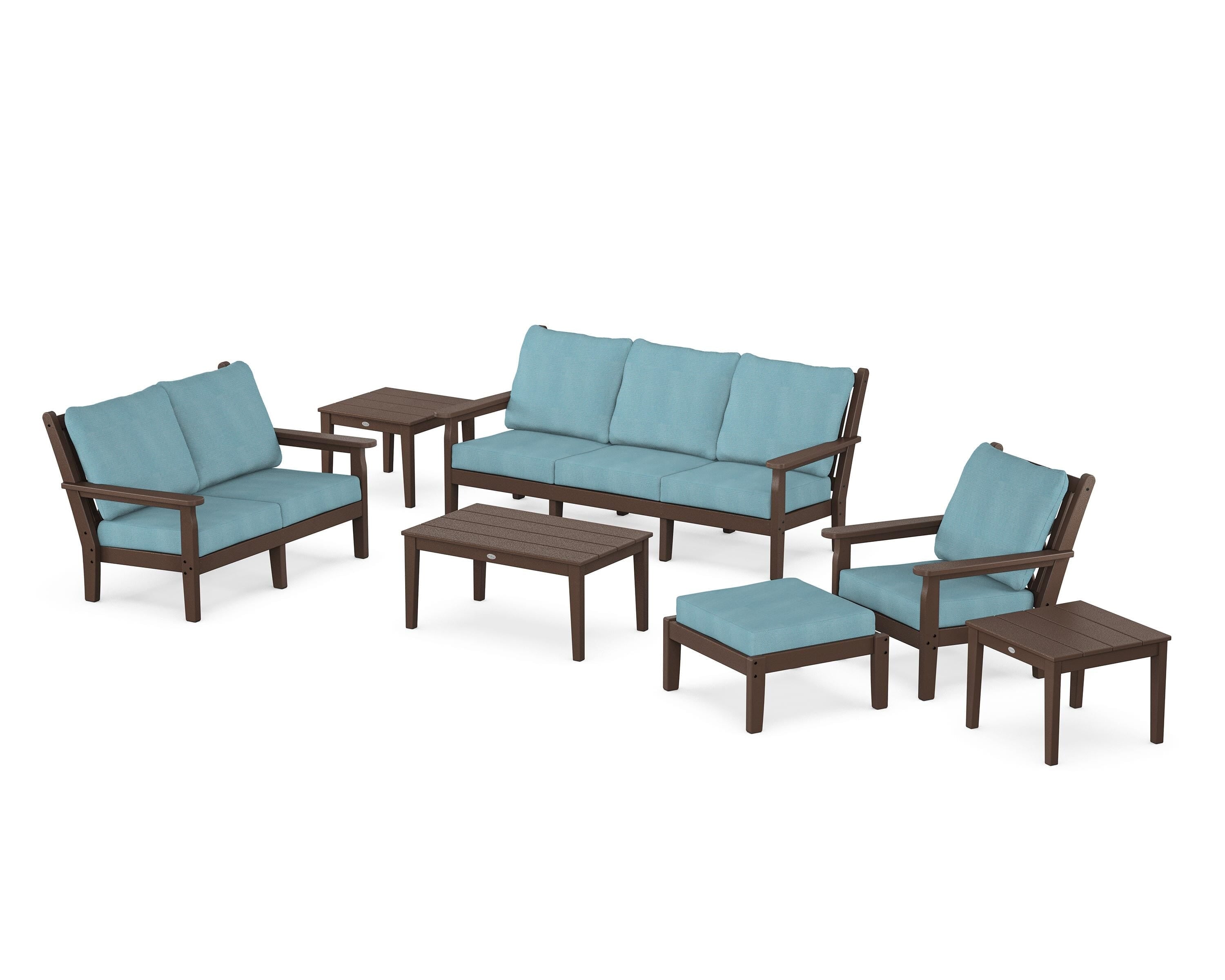 POLYWOOD® Chippendale 7-Piece Deep Seating Set in Mahogany / Lattice Sky Blue