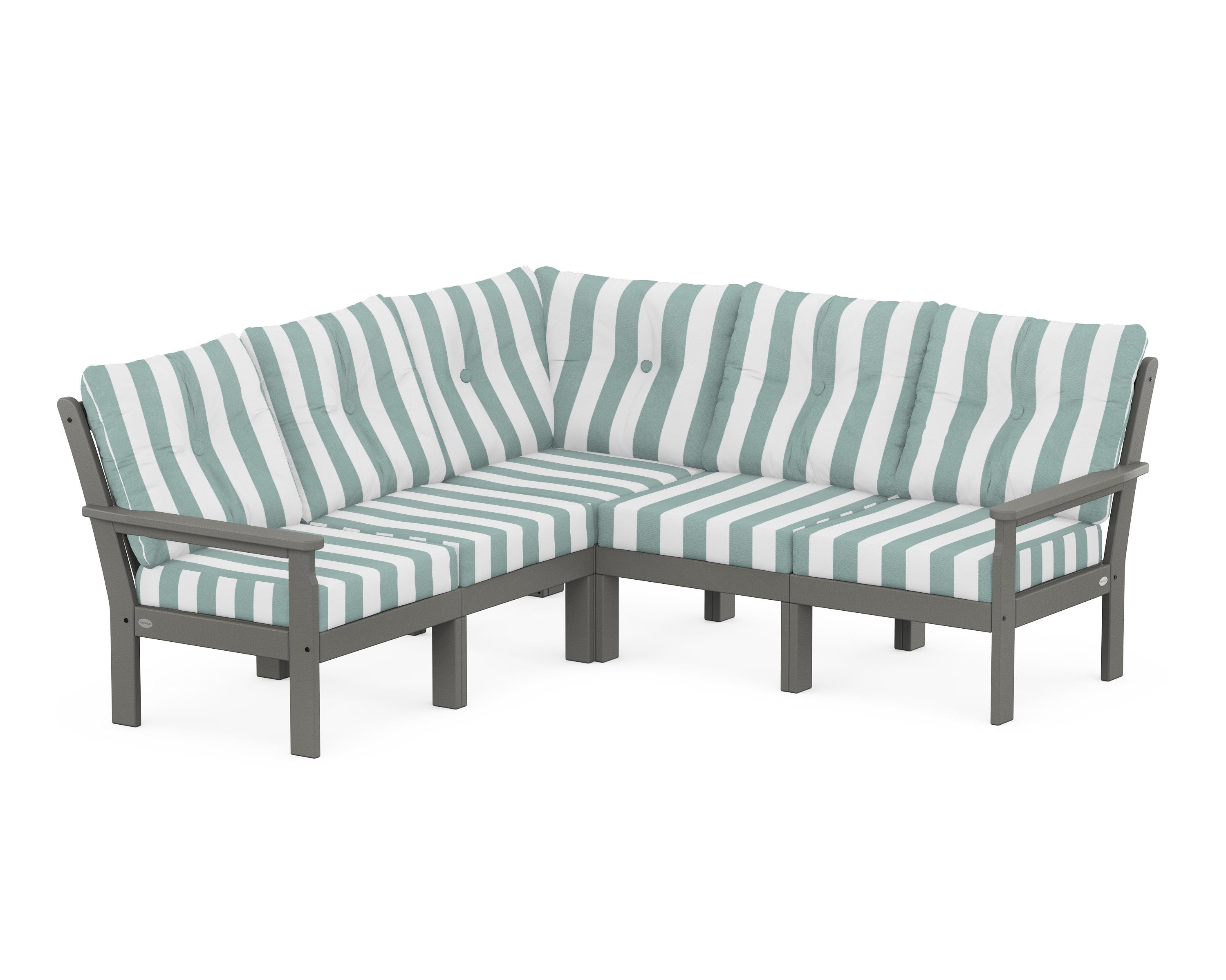 POLYWOOD® Vineyard 5-Piece Sectional in Slate Grey / Cabana Stripe Glacier Spa