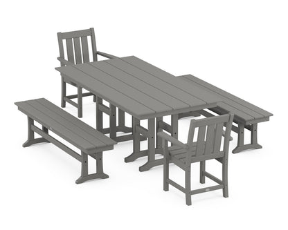 POLYWOOD® Oxford 5-Piece Farmhouse Dining Set with Benches in Slate Grey