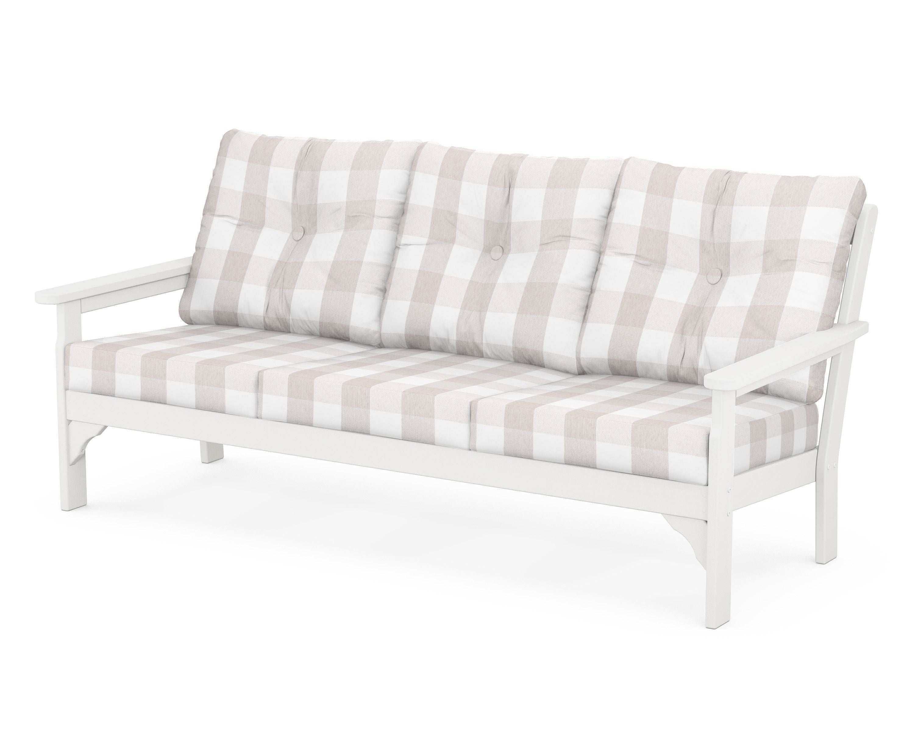 POLYWOOD® Vineyard Deep Seating Sofa in Vintage White / Buffalo Plaid Dune Burlap