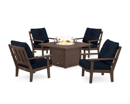POLYWOOD® Oxford 5-Piece Deep Seating Set with Fire Pit Table in Mahogany / Marine Indigo