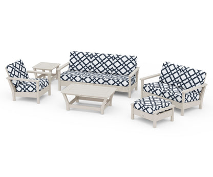 POLYWOOD® Harbour 6-Piece Outdoor Living Set in Sand / Trellis Marine Indigo