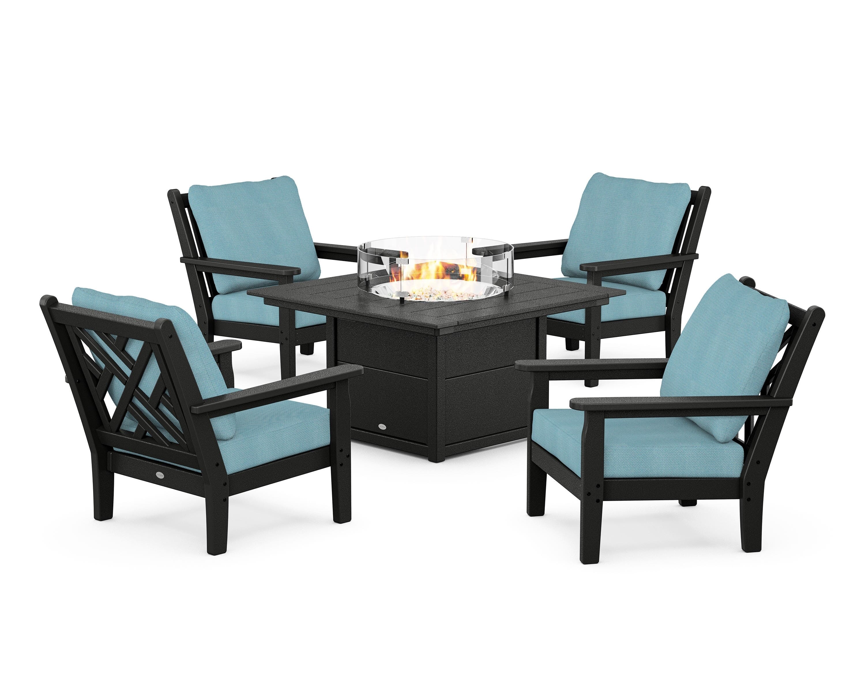POLYWOOD® Chippendale 5-Piece Deep Seating Set with Fire Pit Table in Black / Lattice Sky Blue