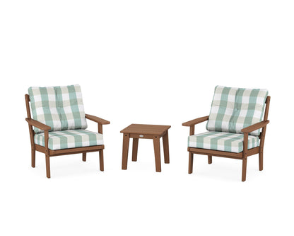 POLYWOOD® Oxford 3-Piece Deep Seating Set in Teak / Buffalo Plaid Glacier Spa