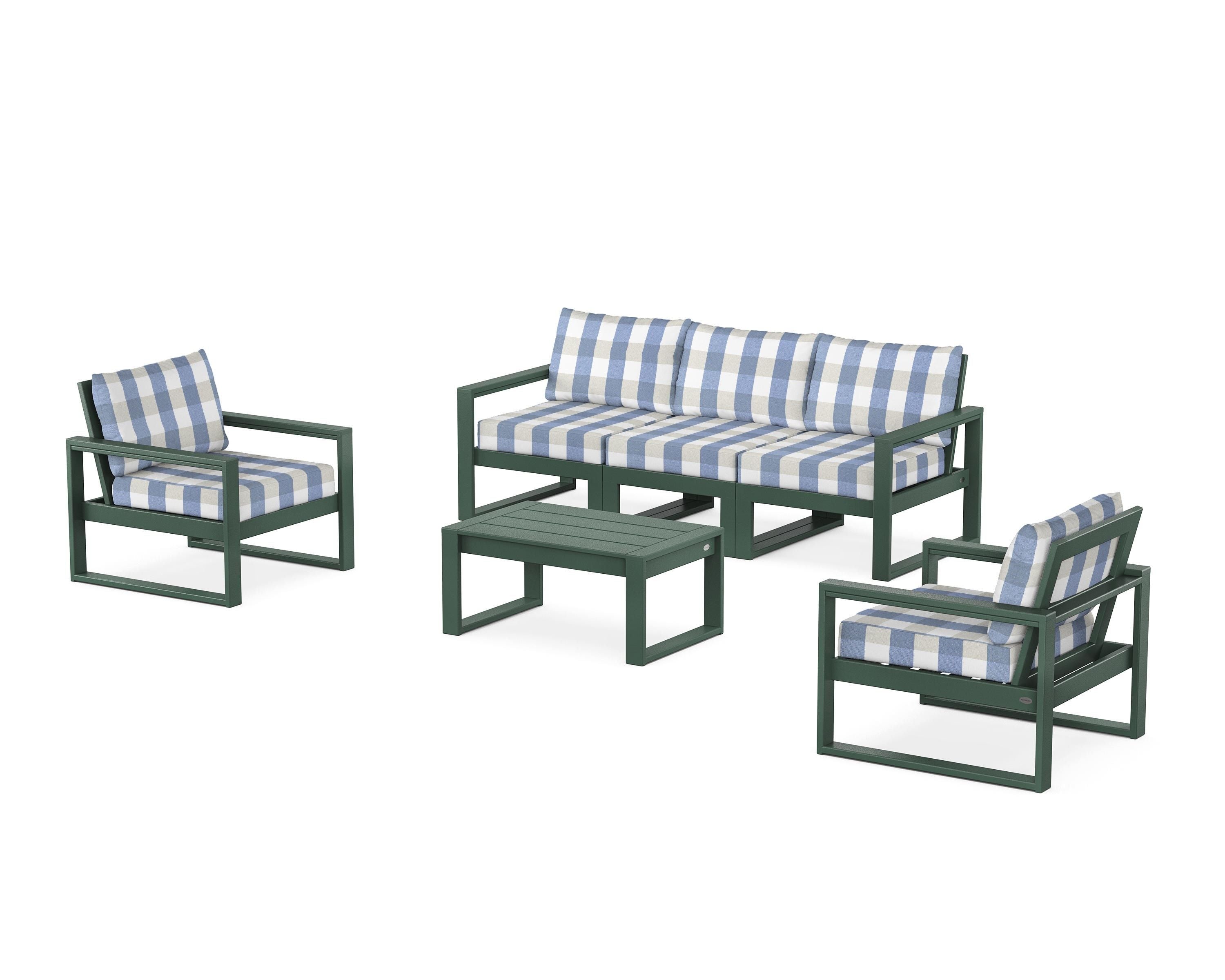 POLYWOOD® EDGE Sectional 4-Piece Deep Seating Set with Sofa in Green / Buffalo Plaid Sky Blue