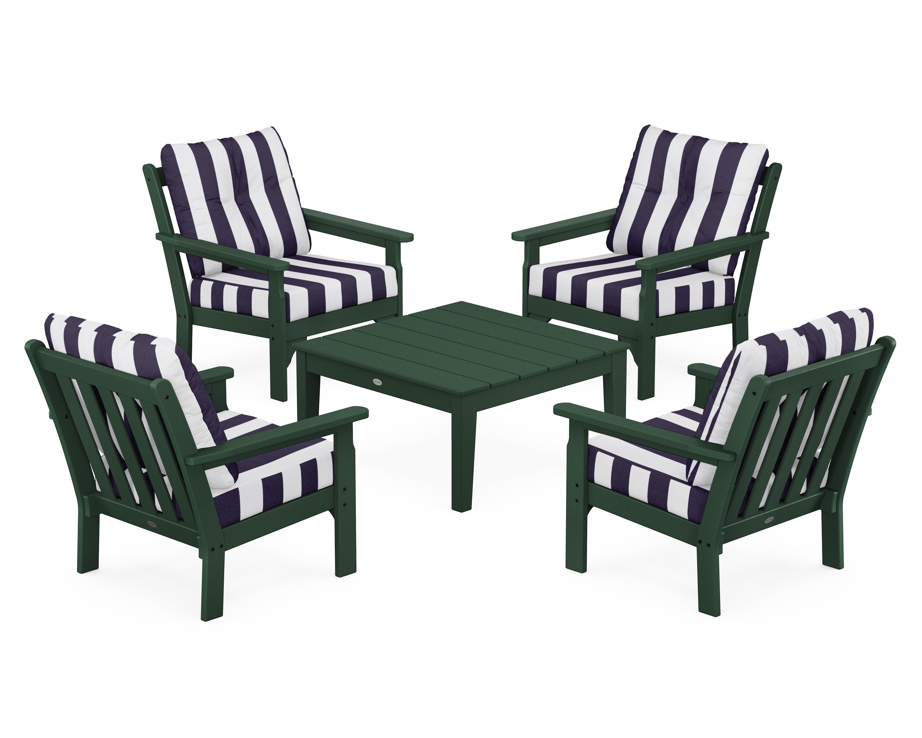 POLYWOOD® Vineyard 5-Piece Deep Seating Conversation Set in Green / Cabana Stripe Navy