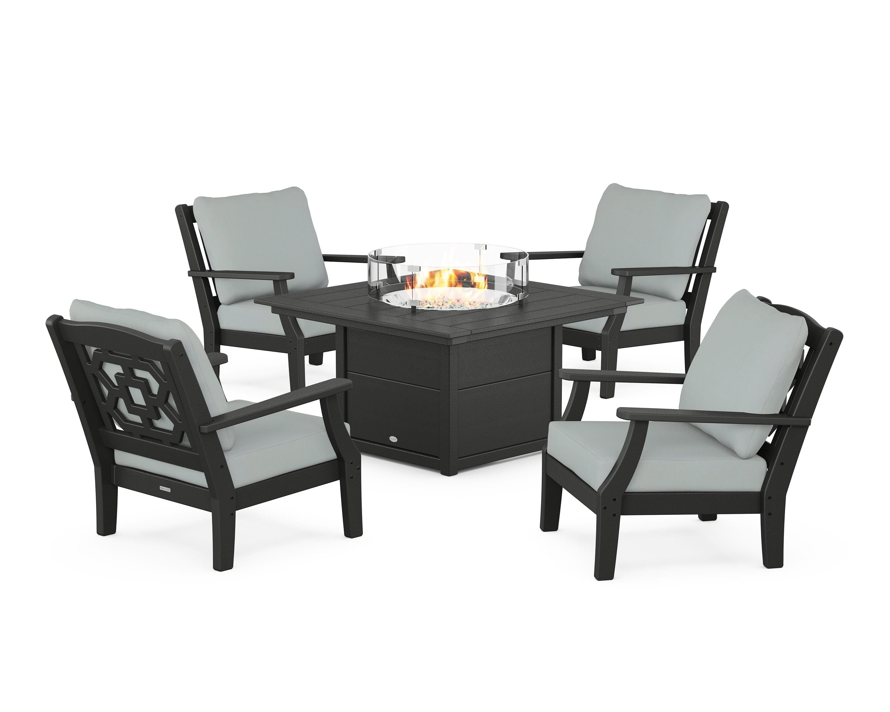 Martha Stewart by POLYWOOD® Chinoiserie 5-Piece Deep Seating Set with Fire Pit Table in Black / Spa