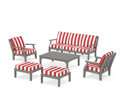 Martha Stewart by POLYWOOD® Chinoiserie 6-Piece Lounge Sofa Set in Slate Grey / Cabana Stripe Crimson