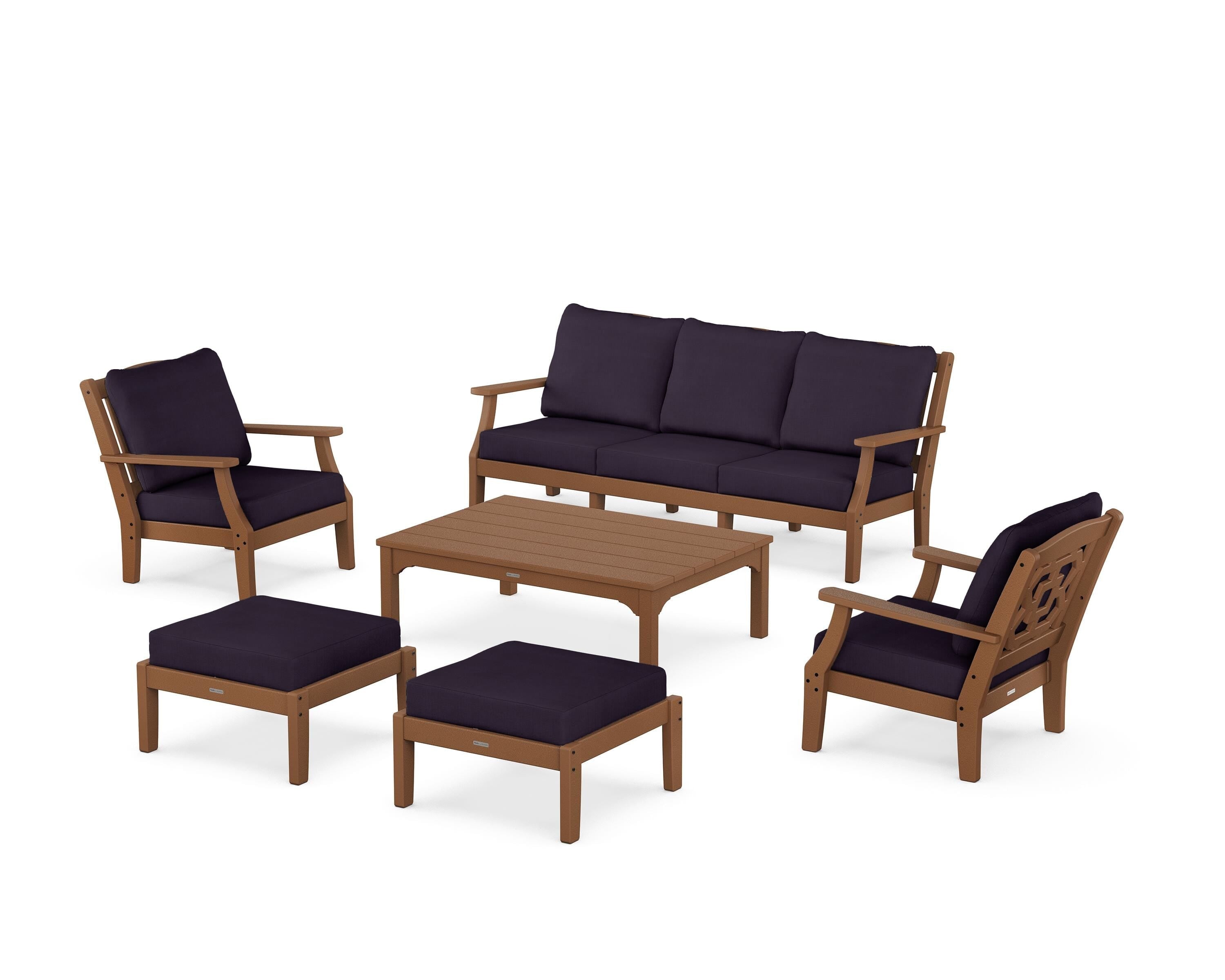 Martha Stewart by POLYWOOD® Chinoiserie 6-Piece Lounge Sofa Set in Teak / Navy Linen