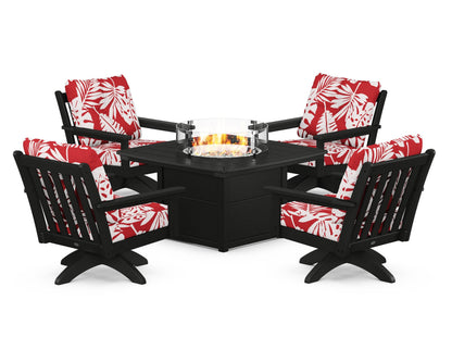 POLYWOOD® Vineyard 5-Piece Deep Seating Swivel Conversation Set with Fire Pit Table in Black / Leaf Crimson