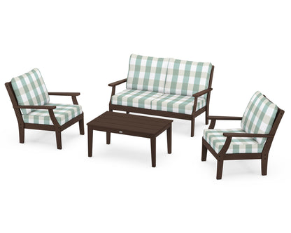 POLYWOOD® Braxton 4-Piece Deep Seating Chair Set in Mahogany / Buffalo Plaid Glacier Spa