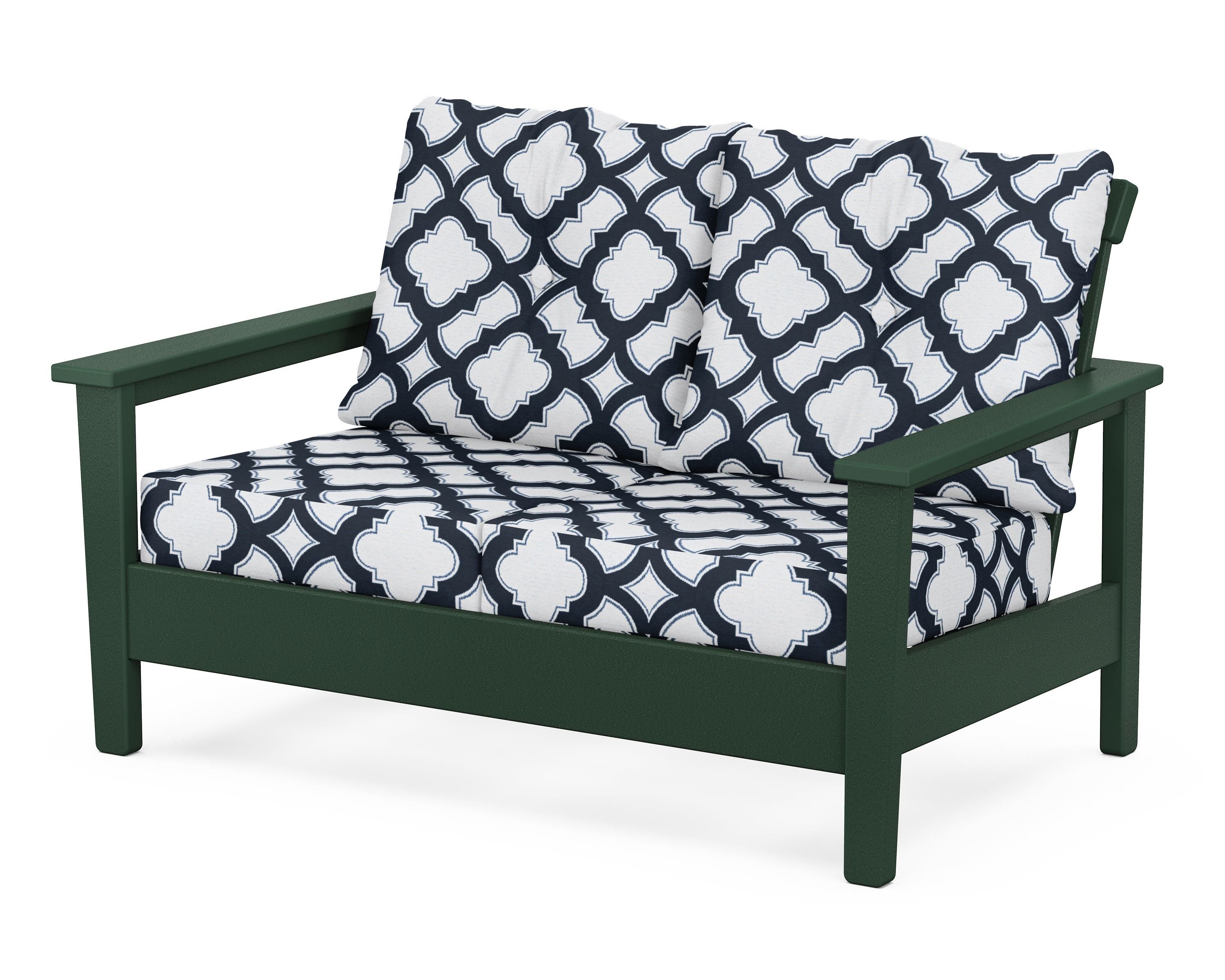POLYWOOD® Prescott Deep Seating Loveseat in Green / Trellis Marine Indigo