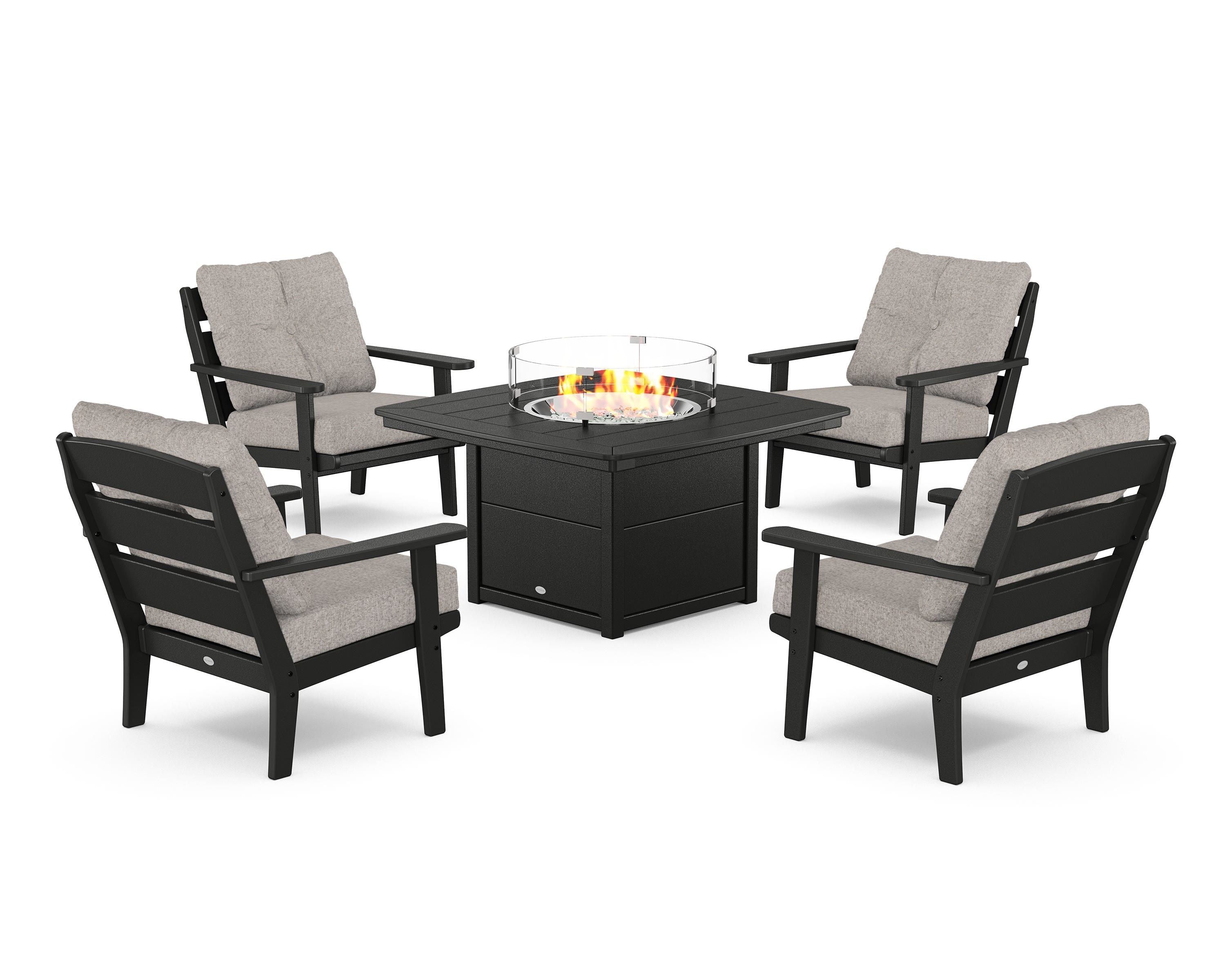 POLYWOOD® Lakeside 5-Piece Deep Seating Set with Nautical Fire Pit Table in Black / Weathered Tweed