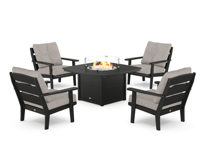 POLYWOOD® Lakeside 5-Piece Deep Seating Set with Nautical Fire Pit Table in Black / Weathered Tweed