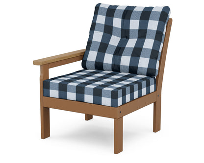 POLYWOOD® Vineyard Modular Left Arm Chair in Teak / Natural / Buffalo Plaid Marine Indigo