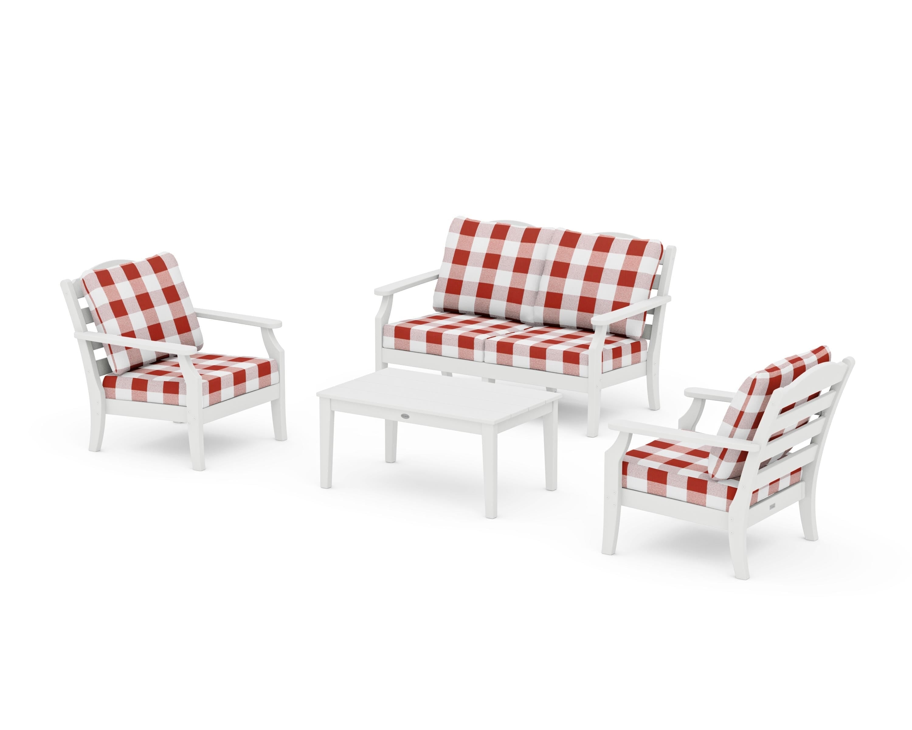 Draper James™ by  POLYWOOD® Savannah 4-Piece Deep Seating Set with Loveseat in White / Buffalo Plaid Crimson