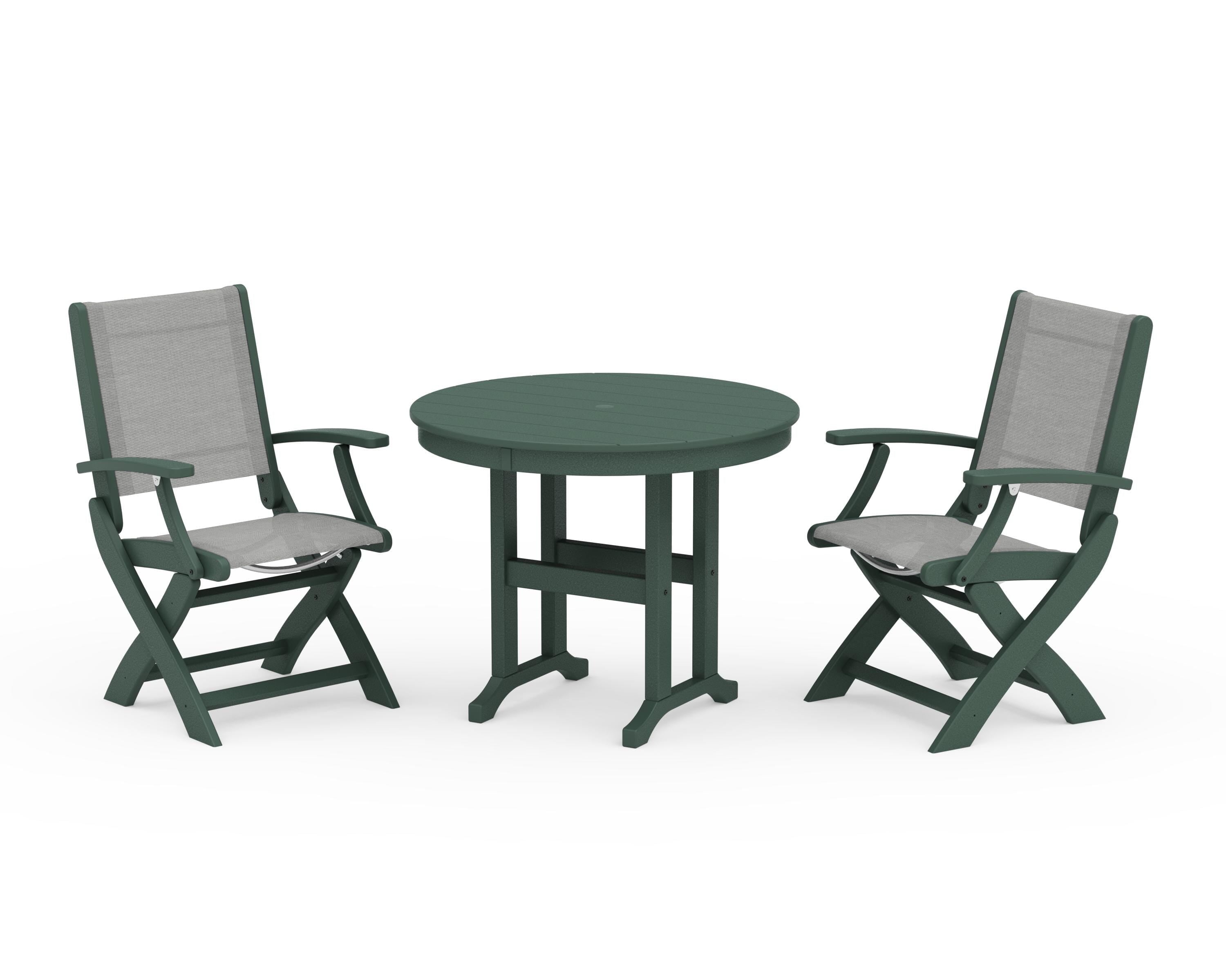 POLYWOOD® Coastal Folding Chair 3-Piece Round Dining Set in Green / Metallic Sling
