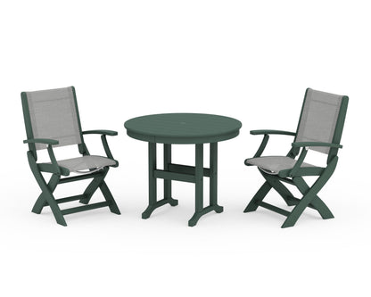 POLYWOOD® Coastal Folding Chair 3-Piece Round Dining Set in Green / Metallic Sling