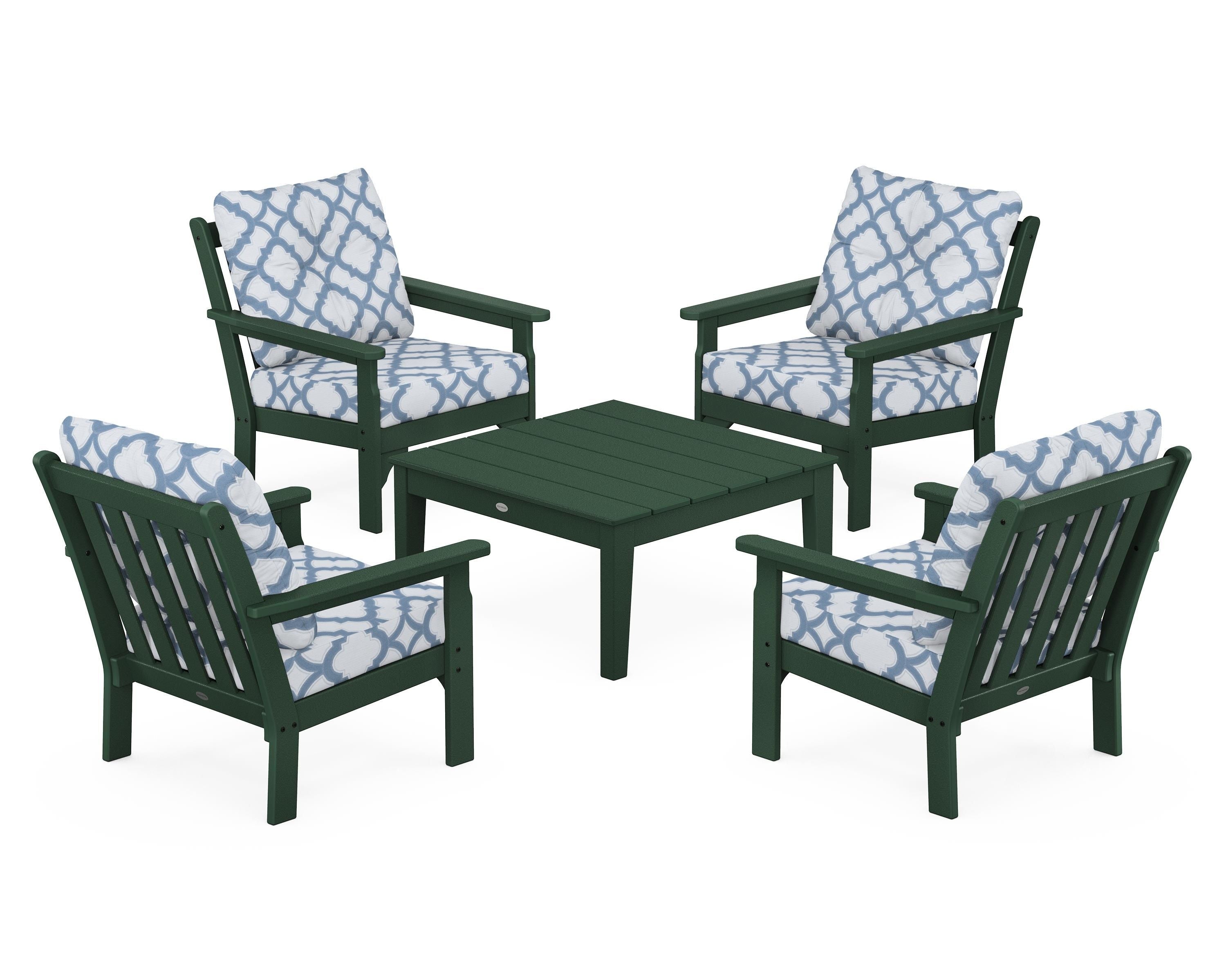 POLYWOOD® Vineyard 5-Piece Deep Seating Conversation Set in Green / Trellis Sky Blue