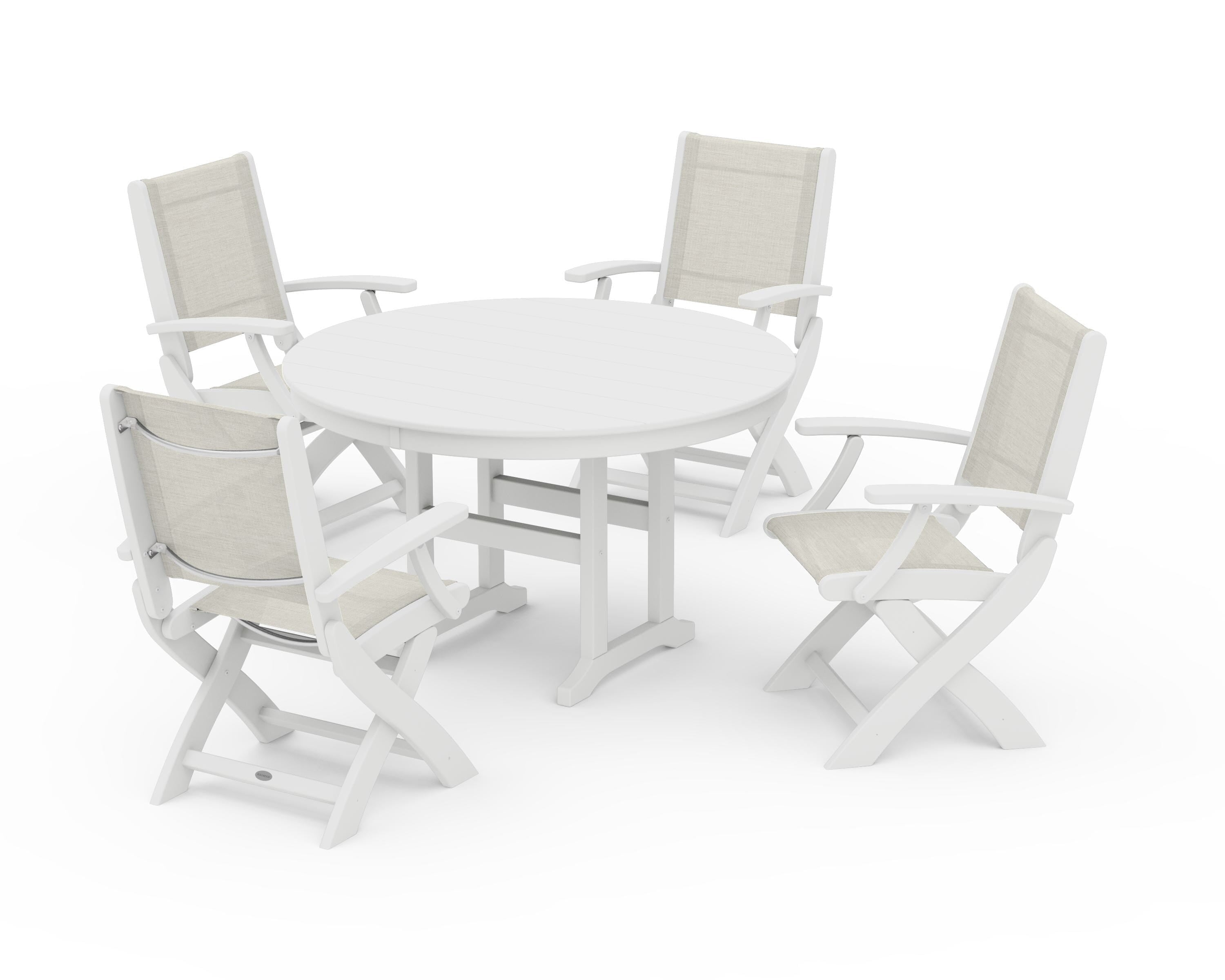POLYWOOD® Coastal Folding Chair 5-Piece Round Dining Set in White / Parchment Sling
