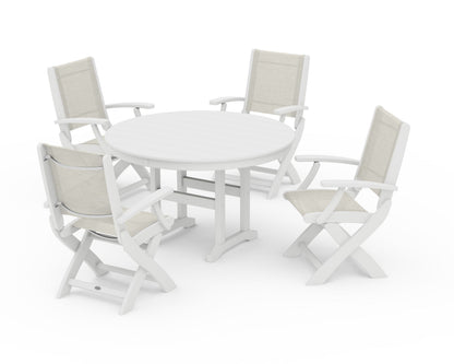 POLYWOOD® Coastal Folding Chair 5-Piece Round Dining Set in White / Parchment Sling