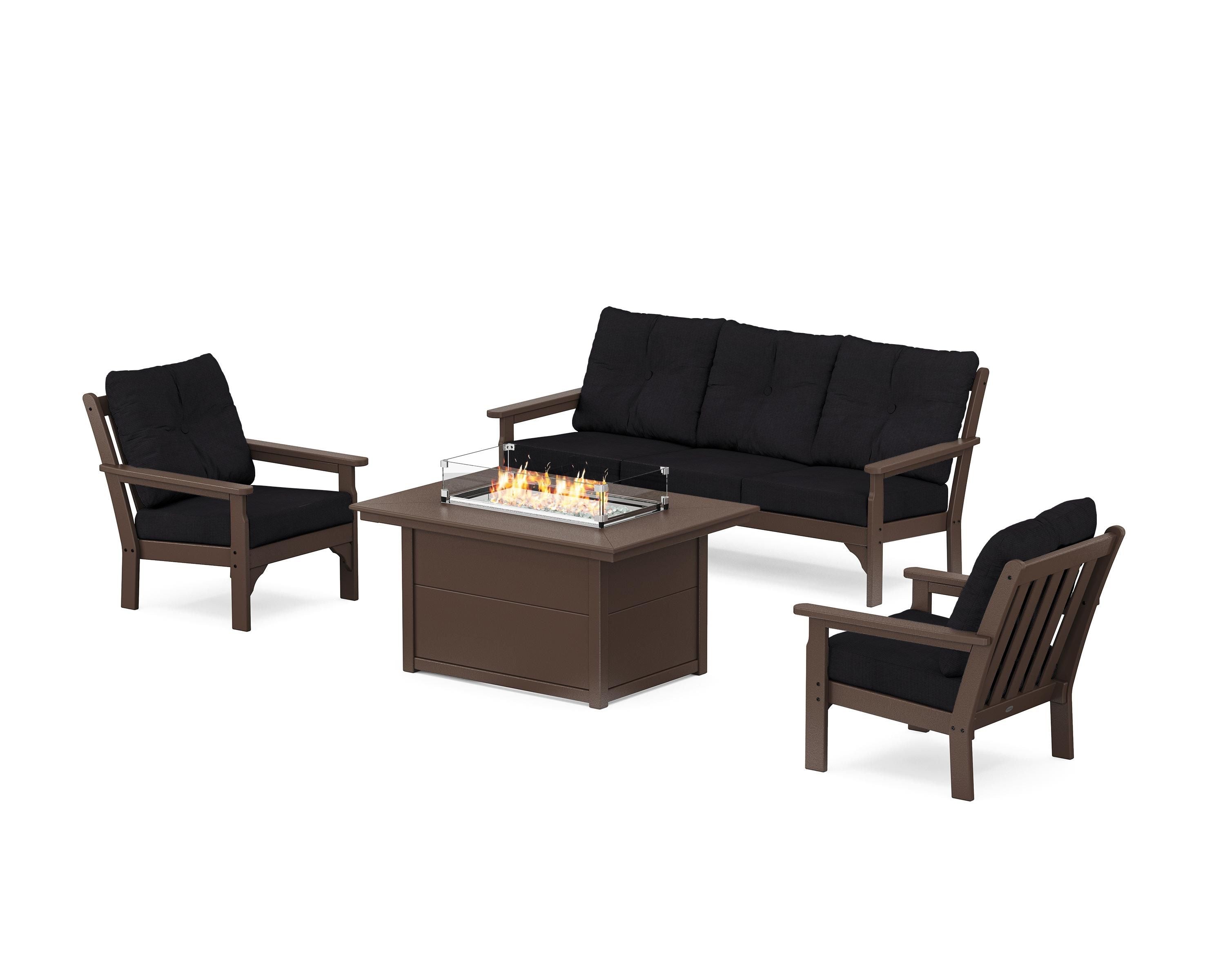 POLYWOOD® Vineyard Deep Seating Fire Pit Table Set in Mahogany / Midnight Linen