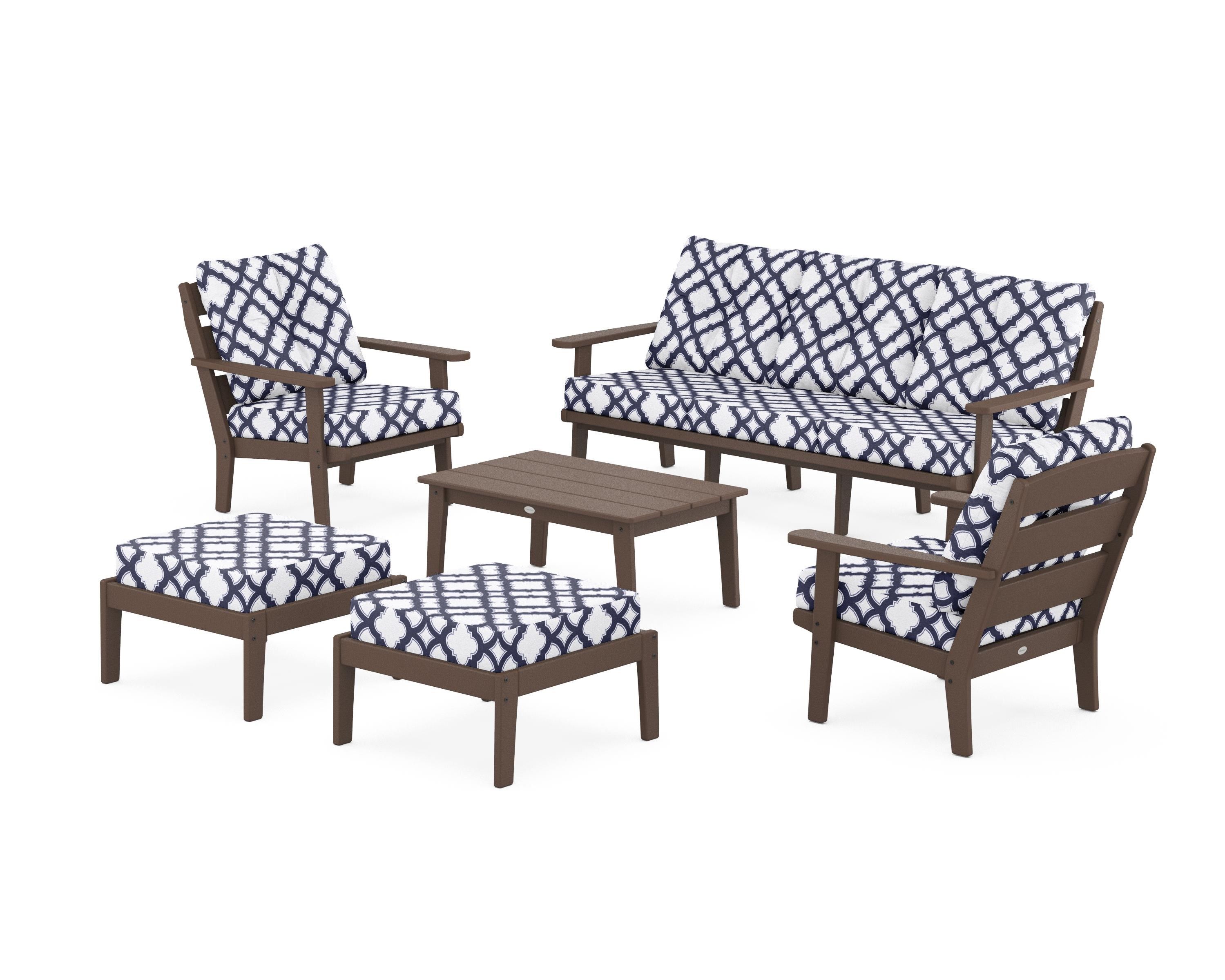 POLYWOOD® Lakeside 6-Piece Lounge Sofa Set in Mahogany / Trellis Navy
