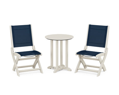 POLYWOOD® Coastal Folding Side Chair 3-Piece Round Bistro Dining Set in Sand / Navy Blue Sling