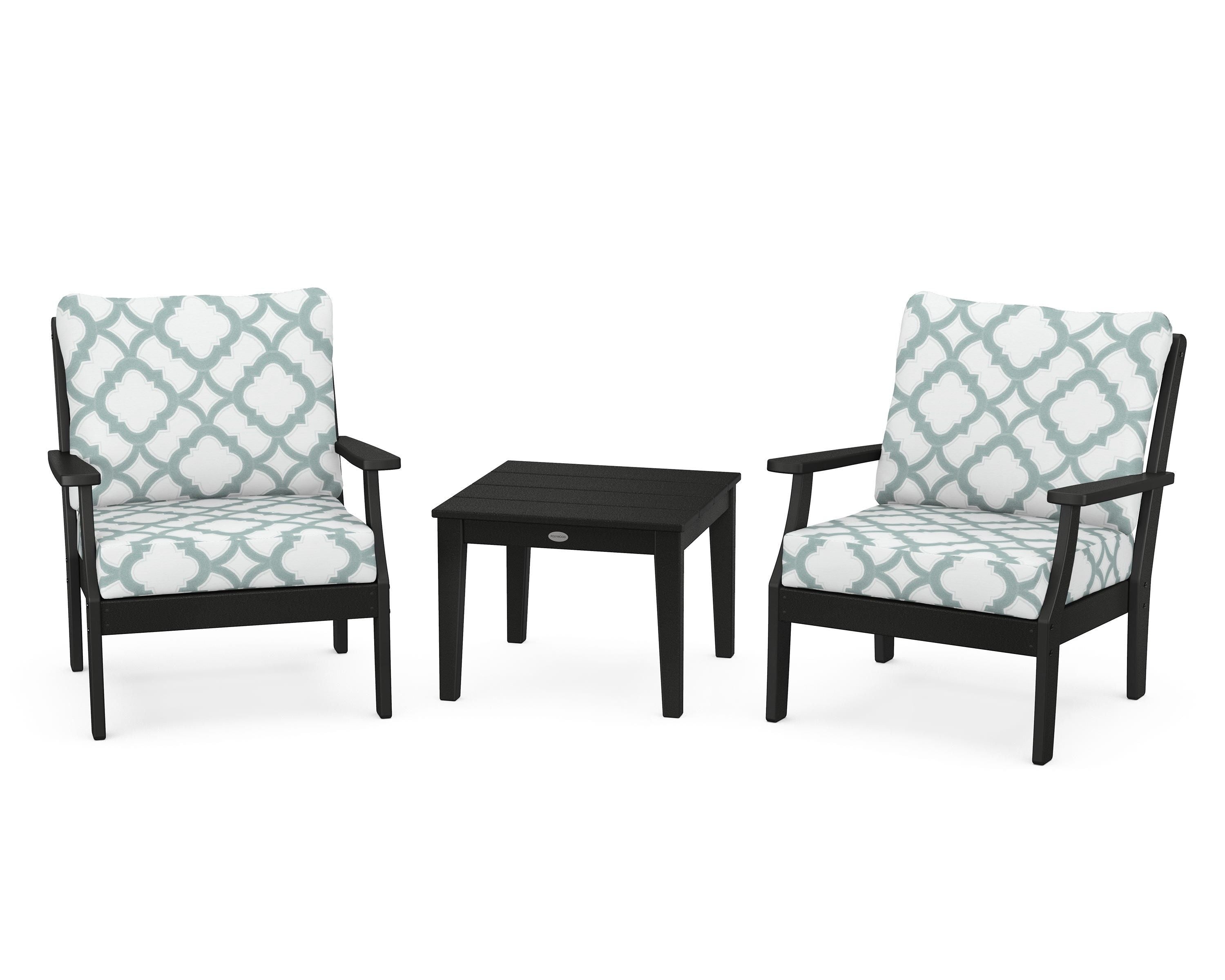 POLYWOOD® Braxton 3-Piece Deep Seating Set in Black / Trellis Glacier Spa