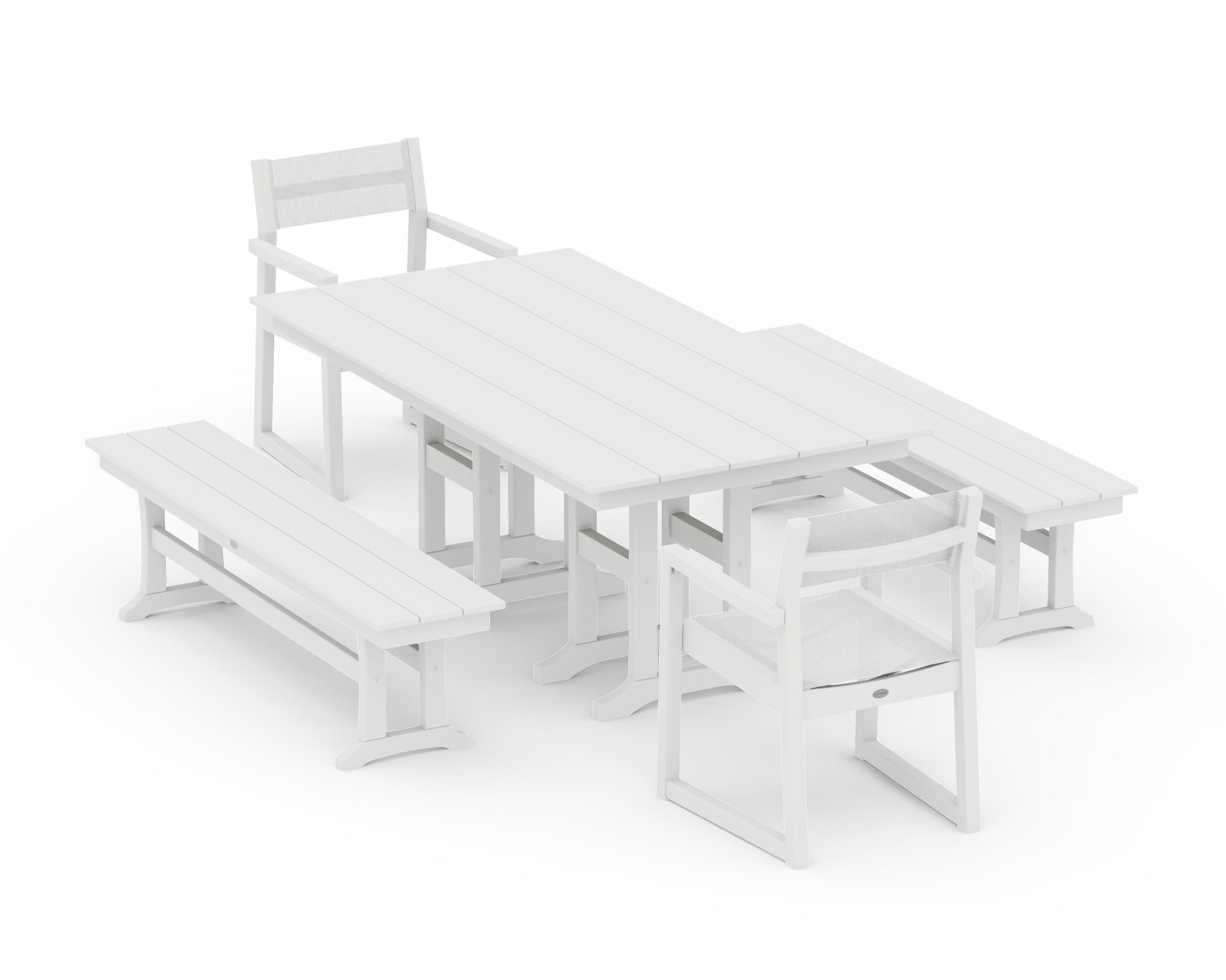 POLYWOOD® EDGE Sling Arm Chair 5-Piece Farmhouse Dining Set with Benches in White / White Sling