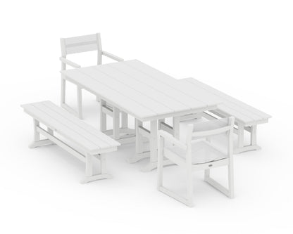 POLYWOOD® EDGE Sling Arm Chair 5-Piece Farmhouse Dining Set with Benches in White / White Sling