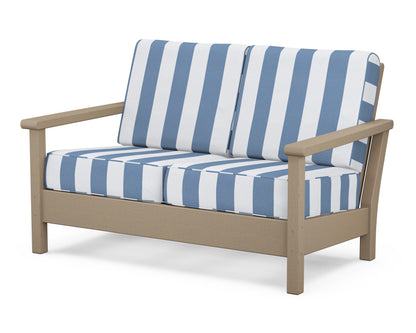 POLYWOOD® Harbour Deep Seating Loveseat in Vintage Sahara / Cabana Stripe Sky Blue